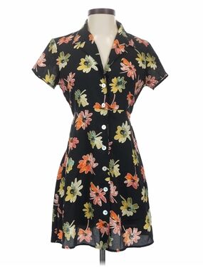 Floral Button-Front Mini Dress in Black with Multicolor Blooms